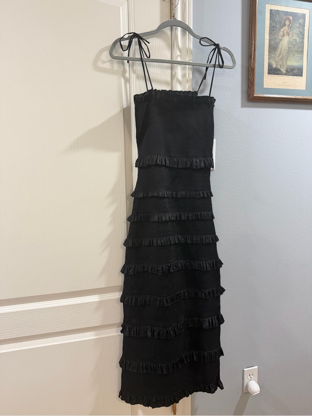 V. Chapman Black Ruffled Tiered Midi Dress with Tie Straps